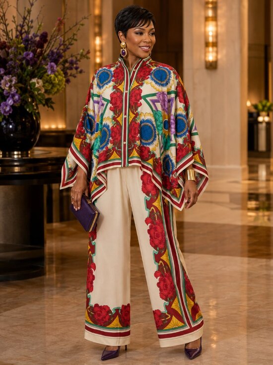 Passion of Essence Pants - Bold Floral Cape Top & Wide Leg Pants 2-Piece Set 2XL